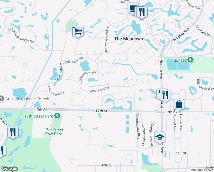 map of restaurants, bars, coffee shops, grocery stores, and more near 4911 Greencroft Circle in Sarasota