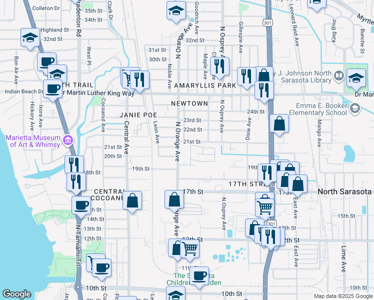 map of restaurants, bars, coffee shops, grocery stores, and more near 36 Gregg Street in Sarasota