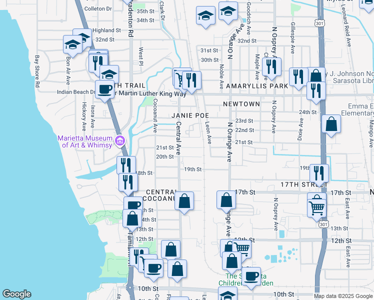 map of restaurants, bars, coffee shops, grocery stores, and more near 1438 21st Street in Sarasota
