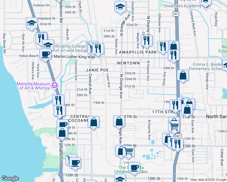 map of restaurants, bars, coffee shops, grocery stores, and more near 1586 21st Street in Sarasota