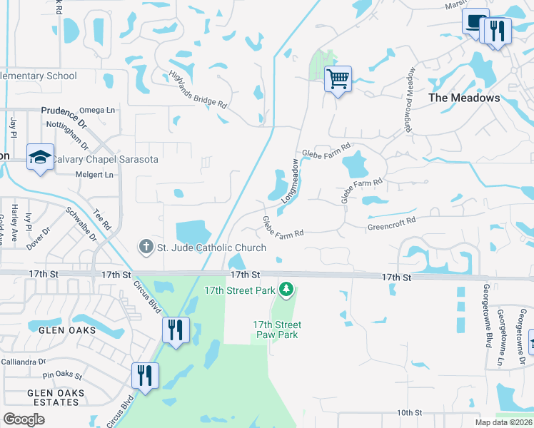 map of restaurants, bars, coffee shops, grocery stores, and more near 4405 Glebe Farm Road in Sarasota