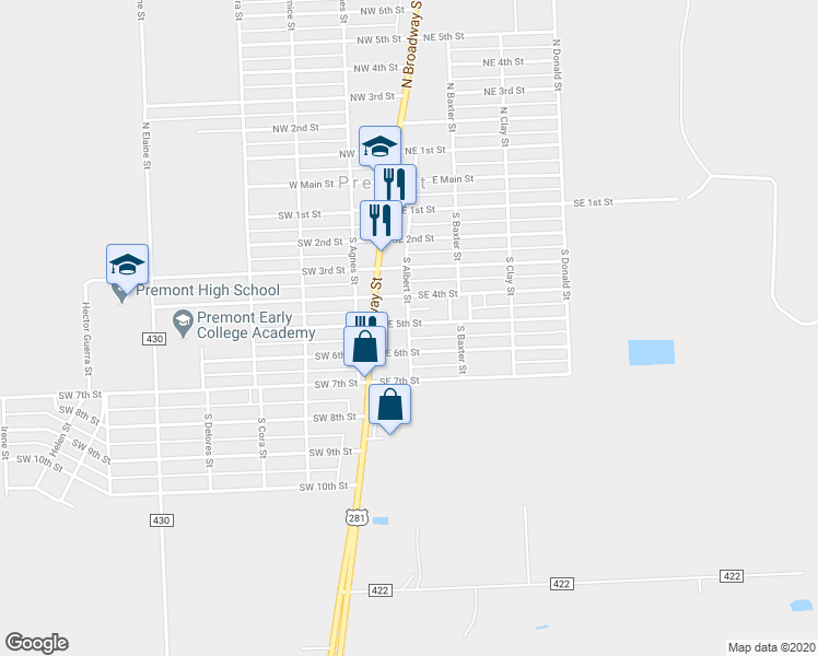 map of restaurants, bars, coffee shops, grocery stores, and more near 607 South Albert Street in Premont