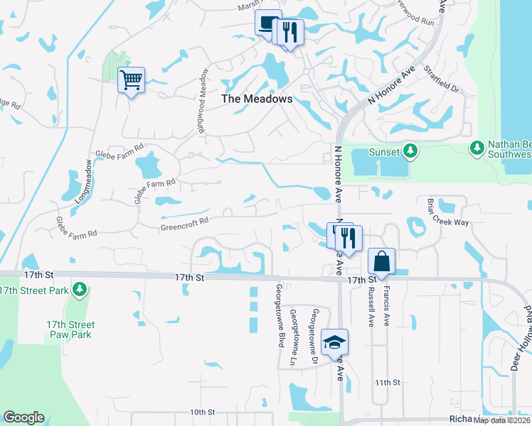 map of restaurants, bars, coffee shops, grocery stores, and more near 5107 Greencroft Road in Sarasota