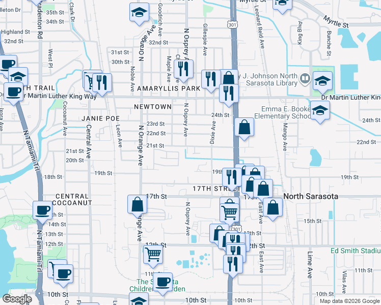 map of restaurants, bars, coffee shops, grocery stores, and more near 2046 North Osprey Avenue in Sarasota