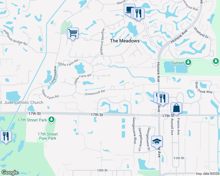 map of restaurants, bars, coffee shops, grocery stores, and more near 4911 Greencroft Circle in Sarasota