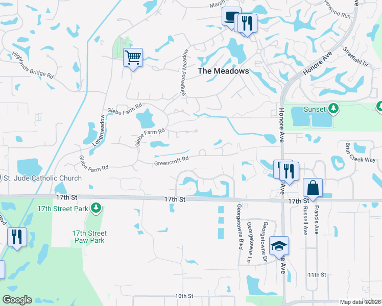 map of restaurants, bars, coffee shops, grocery stores, and more near 4887 Greencroft Road in Sarasota