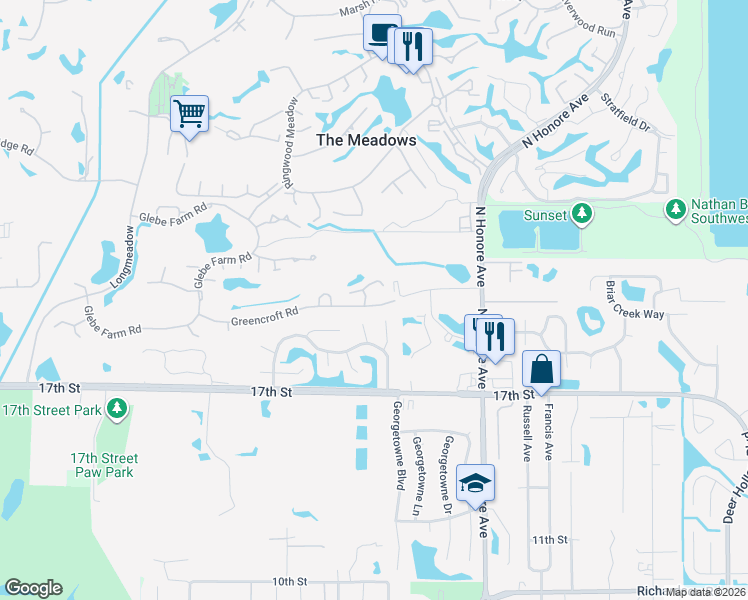 map of restaurants, bars, coffee shops, grocery stores, and more near 5107 Greencroft Road in Sarasota