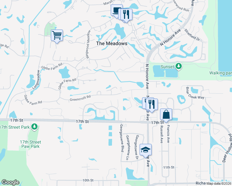 map of restaurants, bars, coffee shops, grocery stores, and more near 5107 Greencroft Road in Sarasota
