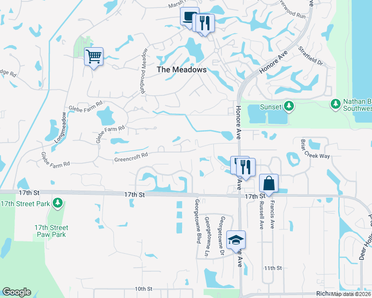 map of restaurants, bars, coffee shops, grocery stores, and more near 5107 Greencroft Road in Sarasota
