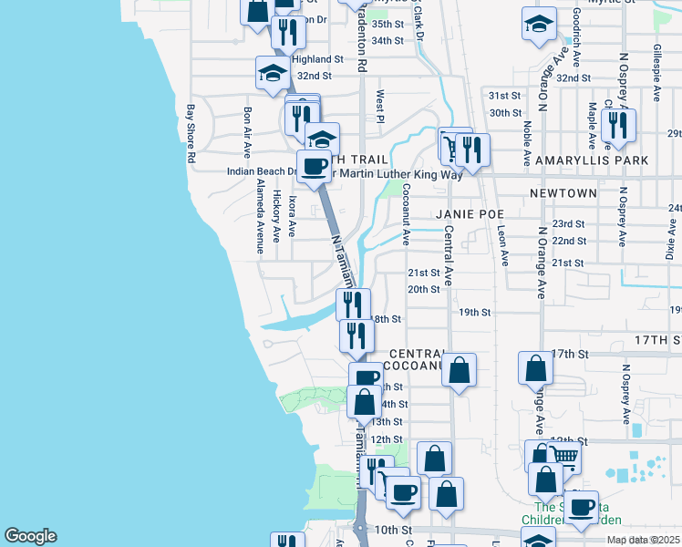 map of restaurants, bars, coffee shops, grocery stores, and more near 2121 North Tamiami Trail in Sarasota