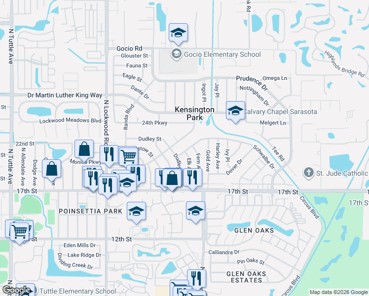 map of restaurants, bars, coffee shops, grocery stores, and more near 3521 Schwalbe Drive in Sarasota