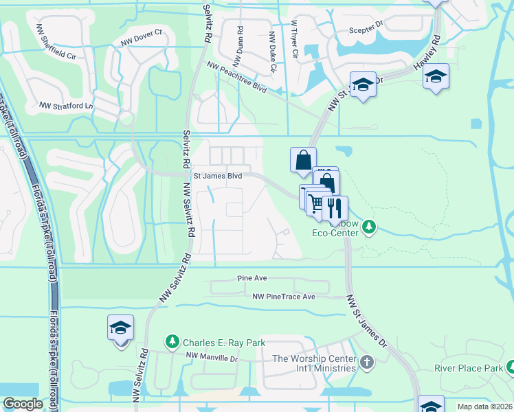 map of restaurants, bars, coffee shops, grocery stores, and more near 2610 Northwest Hatches Harbor in Port St. Lucie