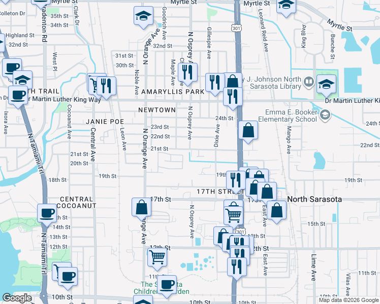 map of restaurants, bars, coffee shops, grocery stores, and more near 2046 North Osprey Avenue in Sarasota