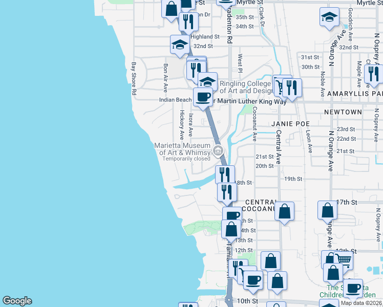 map of restaurants, bars, coffee shops, grocery stores, and more near 2121 Chippawa Place in Sarasota