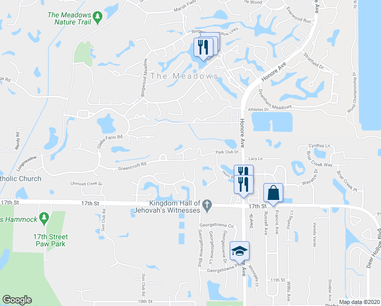map of restaurants, bars, coffee shops, grocery stores, and more near 5021 Vivienda Way in Sarasota