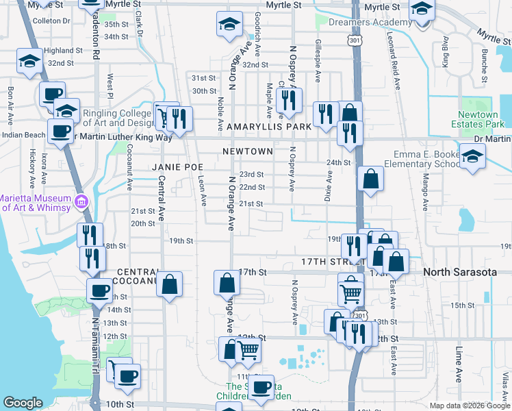 map of restaurants, bars, coffee shops, grocery stores, and more near 36 Gregg Street in Sarasota