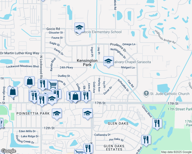 map of restaurants, bars, coffee shops, grocery stores, and more near 3668 Schwalbe Drive in Sarasota