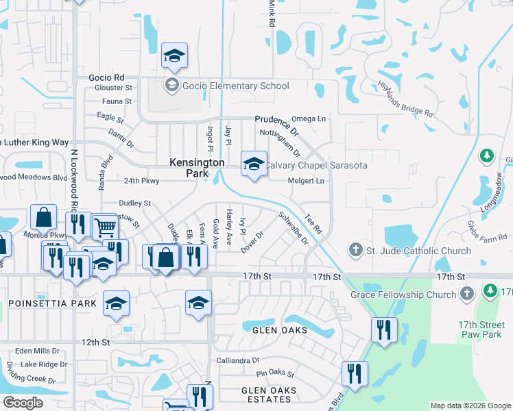 map of restaurants, bars, coffee shops, grocery stores, and more near 2162 Schwalbe Way in Sarasota