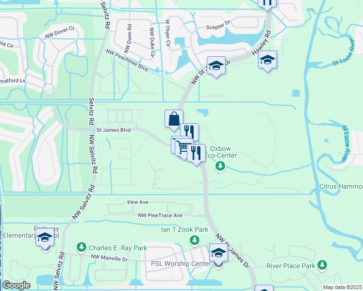 map of restaurants, bars, coffee shops, grocery stores, and more near 5493 Northwest Saint James Drive in Port St. Lucie