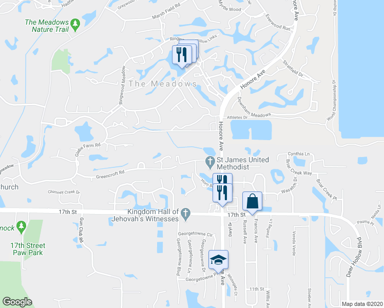 map of restaurants, bars, coffee shops, grocery stores, and more near 5157 Park Club Drive in Sarasota