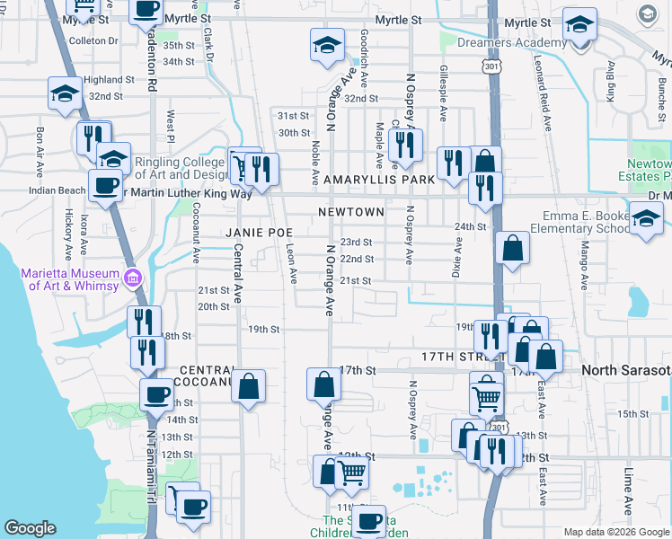 map of restaurants, bars, coffee shops, grocery stores, and more near 1642 22nd Street in Sarasota