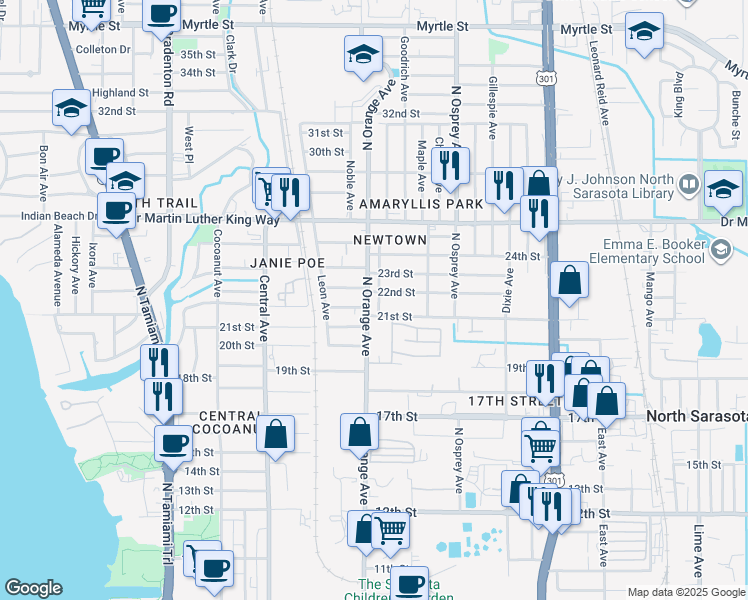map of restaurants, bars, coffee shops, grocery stores, and more near 1642 22nd Street in Sarasota