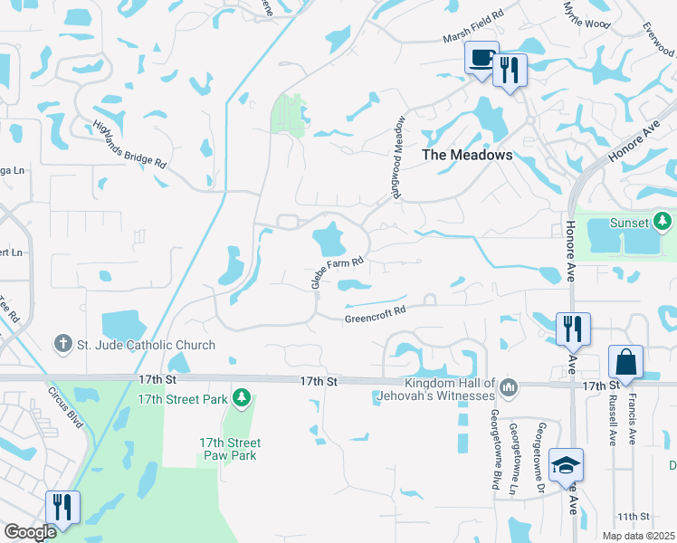 map of restaurants, bars, coffee shops, grocery stores, and more near 2507 Glebe Farm Close in Sarasota