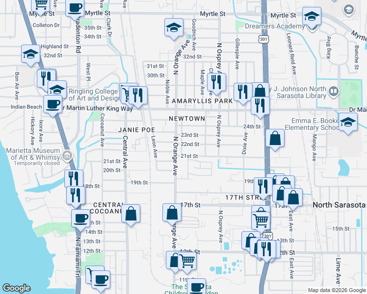 map of restaurants, bars, coffee shops, grocery stores, and more near 1642 22nd Street in Sarasota