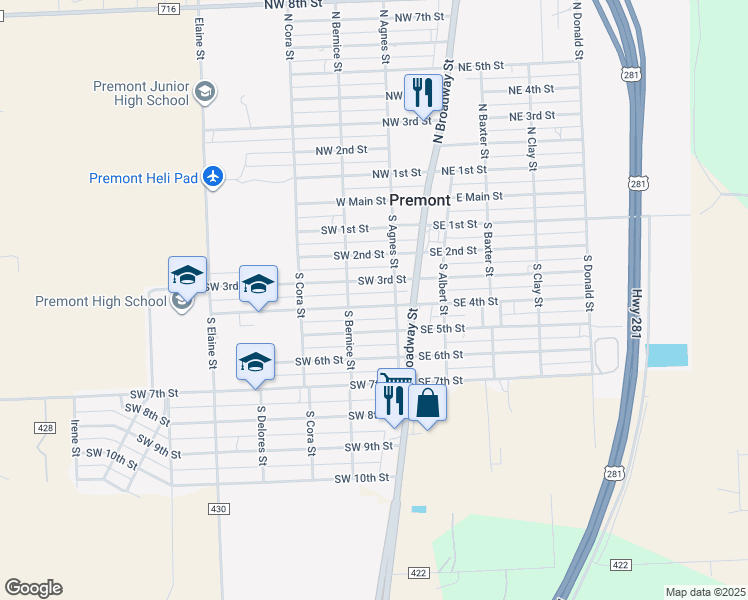 map of restaurants, bars, coffee shops, grocery stores, and more near 222 Southwest 4th Street in Premont