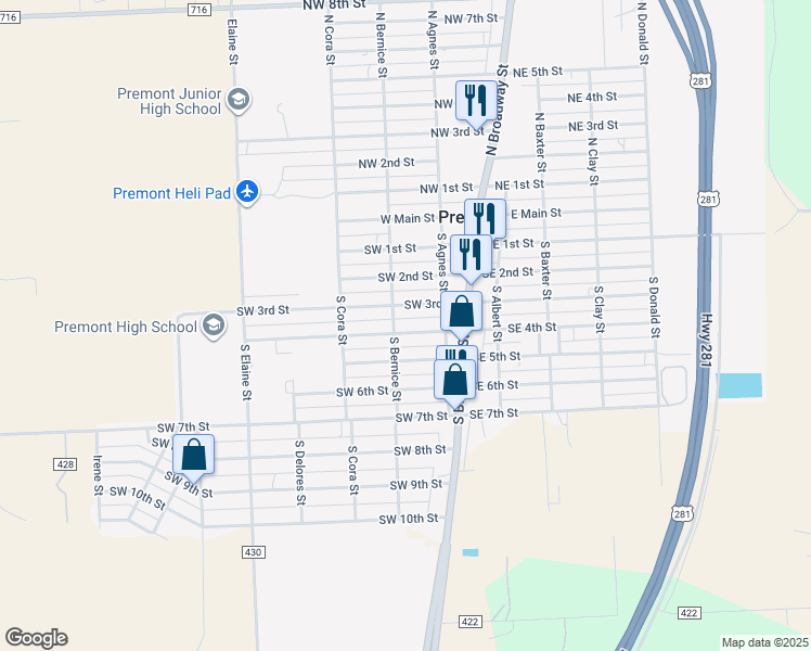 map of restaurants, bars, coffee shops, grocery stores, and more near 222 Southwest 4th Street in Premont