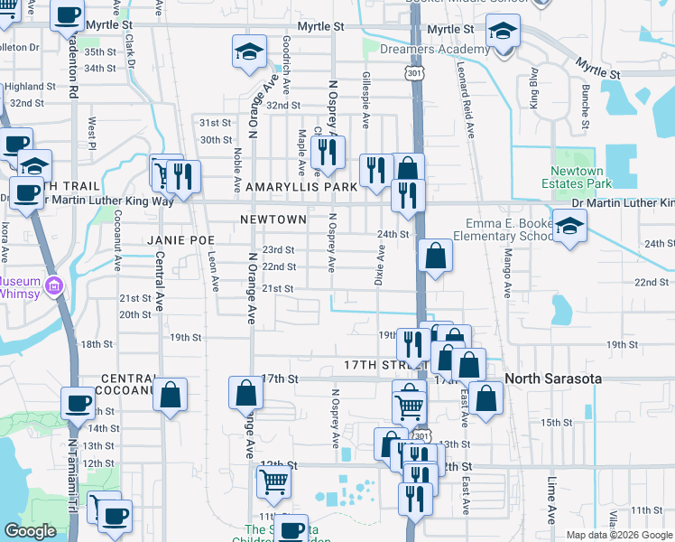 map of restaurants, bars, coffee shops, grocery stores, and more near 2146 North Osprey Avenue in Sarasota