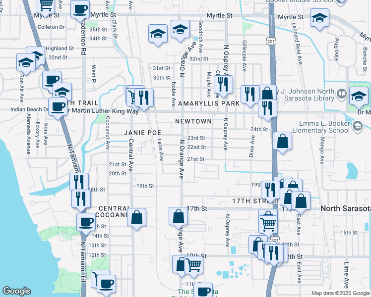 map of restaurants, bars, coffee shops, grocery stores, and more near 1642 22nd Street in Sarasota