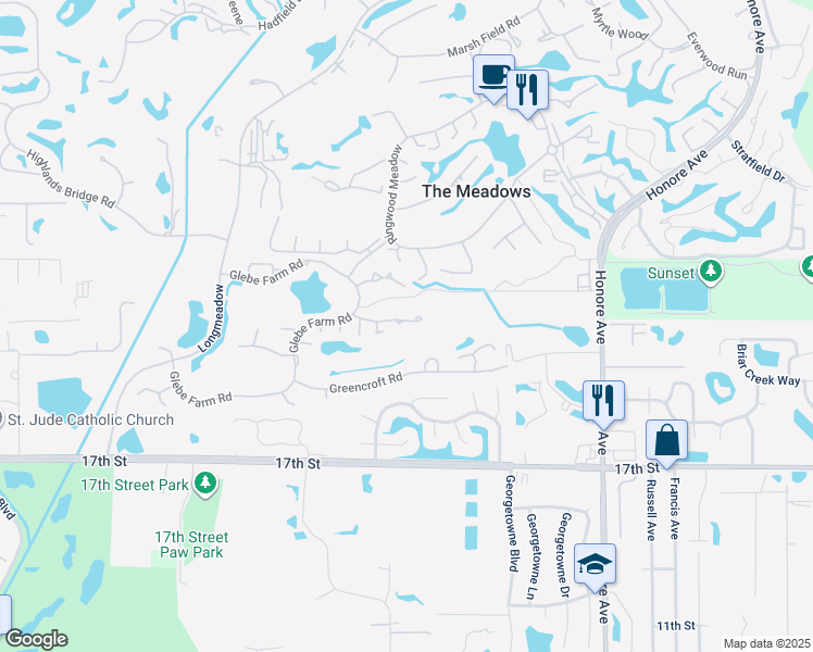 map of restaurants, bars, coffee shops, grocery stores, and more near 2985 Mares Tail Circle in Sarasota