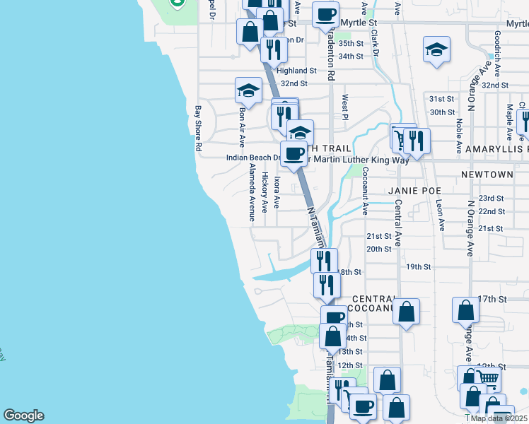map of restaurants, bars, coffee shops, grocery stores, and more near 2239 Hickory Avenue in Sarasota