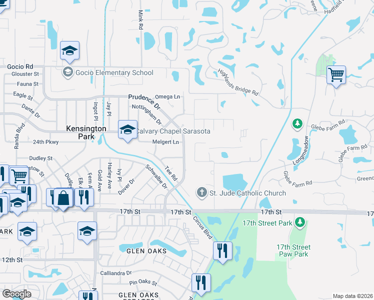 map of restaurants, bars, coffee shops, grocery stores, and more near 4099 Prudence Drive in Sarasota