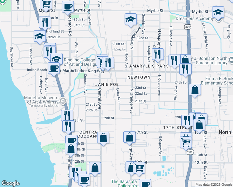 map of restaurants, bars, coffee shops, grocery stores, and more near 2175 Leon Avenue in Sarasota