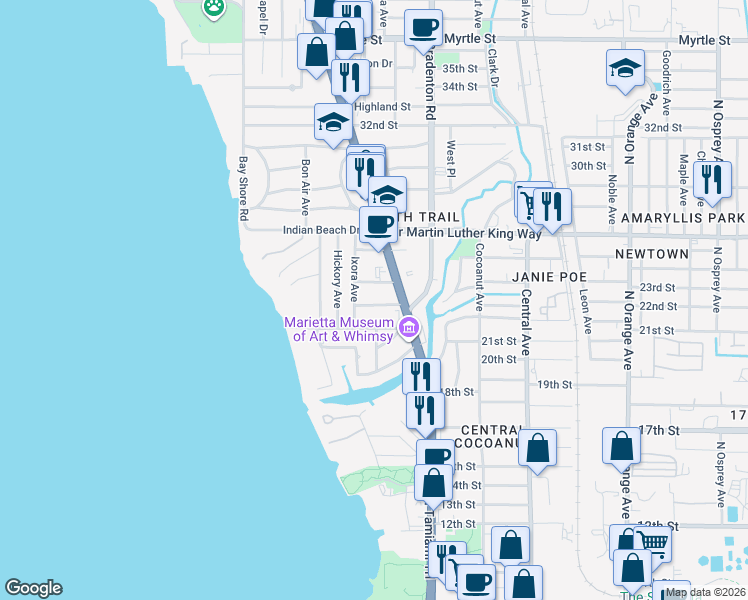 map of restaurants, bars, coffee shops, grocery stores, and more near 1040 23rd Street in Sarasota