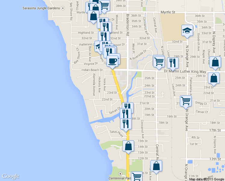 map of restaurants, bars, coffee shops, grocery stores, and more near 1105 23rd Street in Sarasota