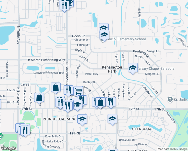 map of restaurants, bars, coffee shops, grocery stores, and more near 3427 Dudley Street in Sarasota