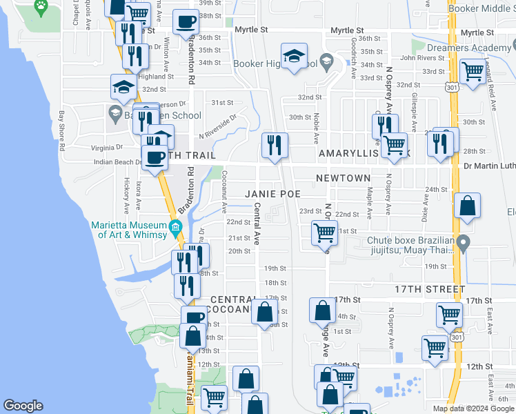 map of restaurants, bars, coffee shops, grocery stores, and more near 1360 23rd Street in Sarasota