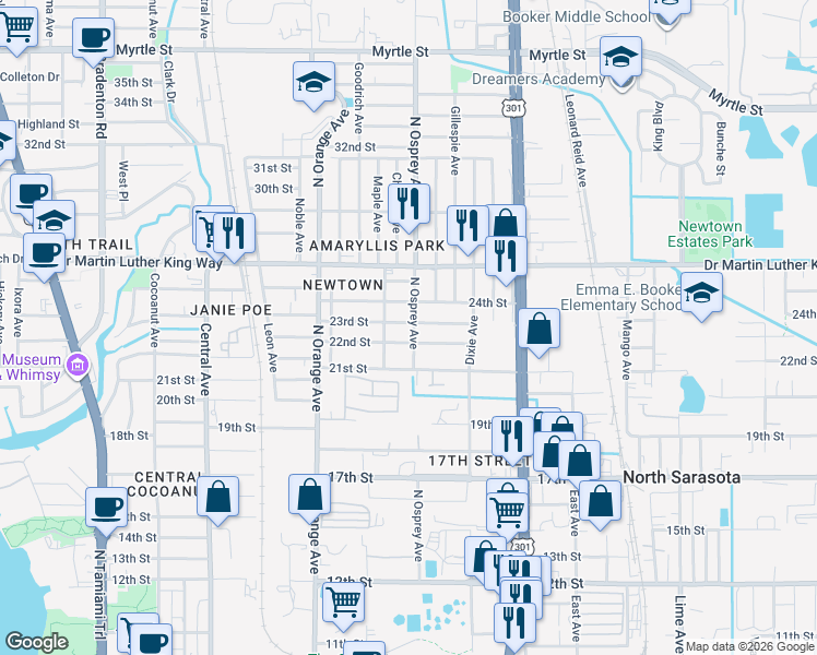 map of restaurants, bars, coffee shops, grocery stores, and more near 2146 North Osprey Avenue in Sarasota