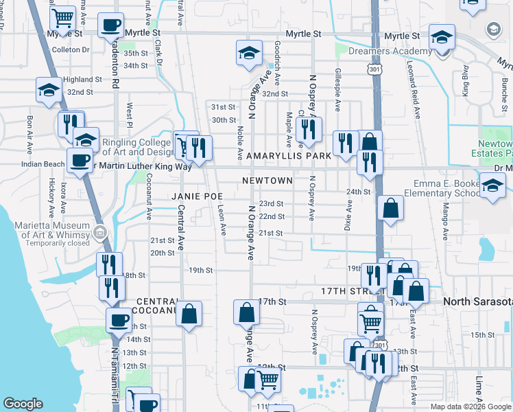 map of restaurants, bars, coffee shops, grocery stores, and more near 1642 22nd Street in Sarasota