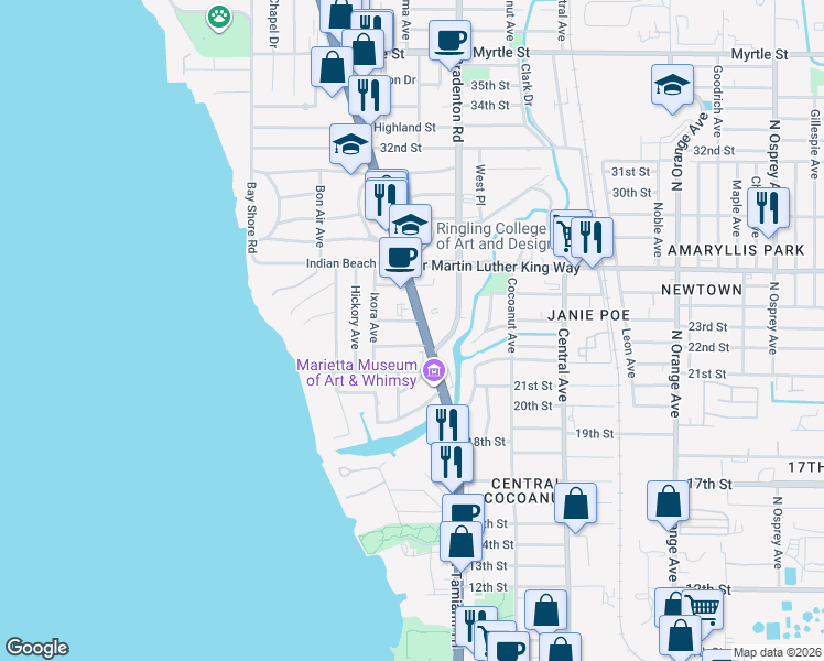 map of restaurants, bars, coffee shops, grocery stores, and more near 1040 23rd Street in Sarasota