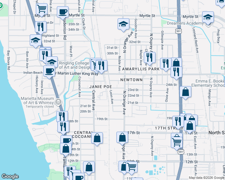 map of restaurants, bars, coffee shops, grocery stores, and more near 2175 Leon Avenue in Sarasota