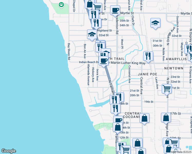 map of restaurants, bars, coffee shops, grocery stores, and more near 2239 Hickory Avenue in Sarasota