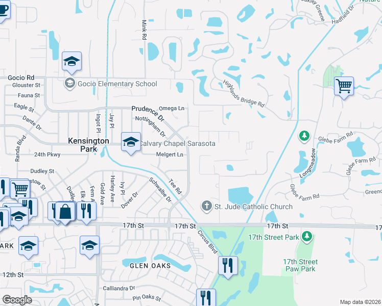 map of restaurants, bars, coffee shops, grocery stores, and more near 4099 Prudence Drive in Sarasota
