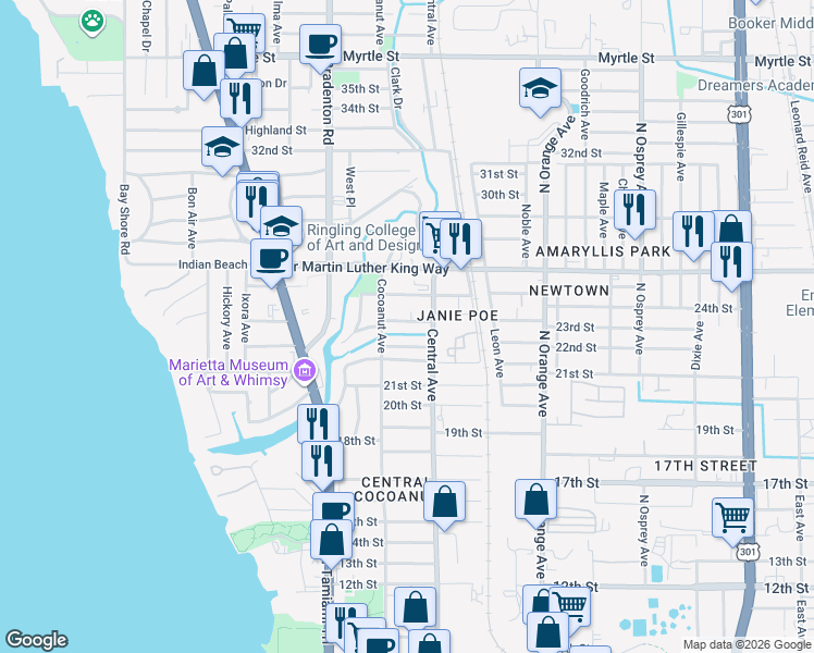 map of restaurants, bars, coffee shops, grocery stores, and more near 1360 23rd Street in Sarasota