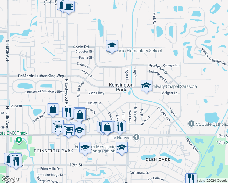 map of restaurants, bars, coffee shops, grocery stores, and more near 3535 24th Parkway in Sarasota