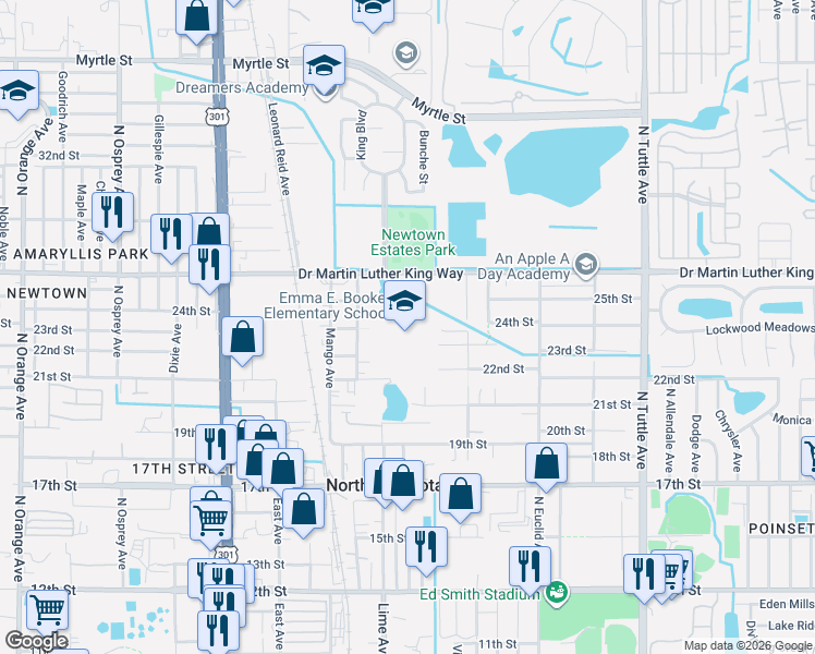 map of restaurants, bars, coffee shops, grocery stores, and more near 2350 Dr Martin Luther King Way in Sarasota