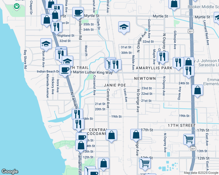 map of restaurants, bars, coffee shops, grocery stores, and more near 1426 25th Street in Sarasota